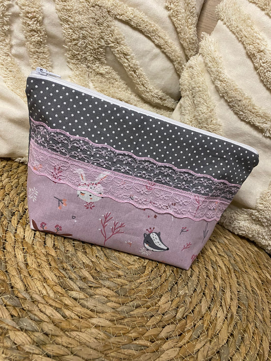 Trousse Amélia - « Animaux » Grise et Rose