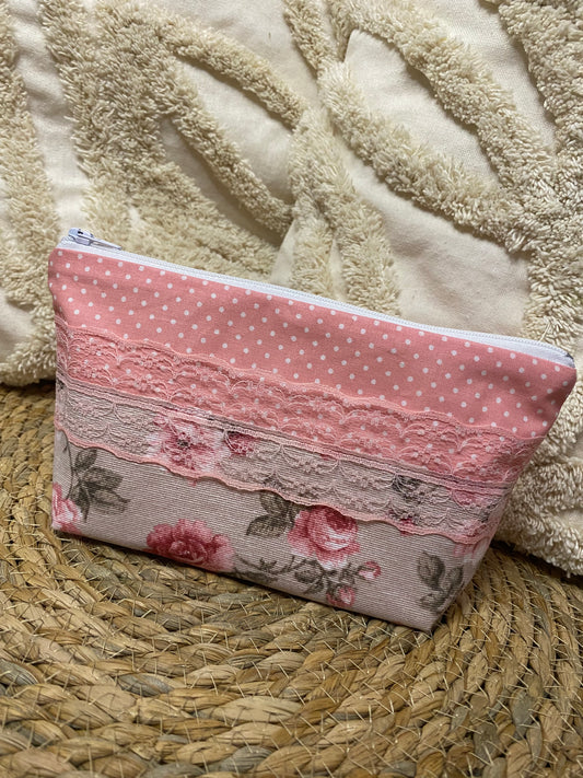 Trousse Virginia - « Fleurs » Rose et Beige